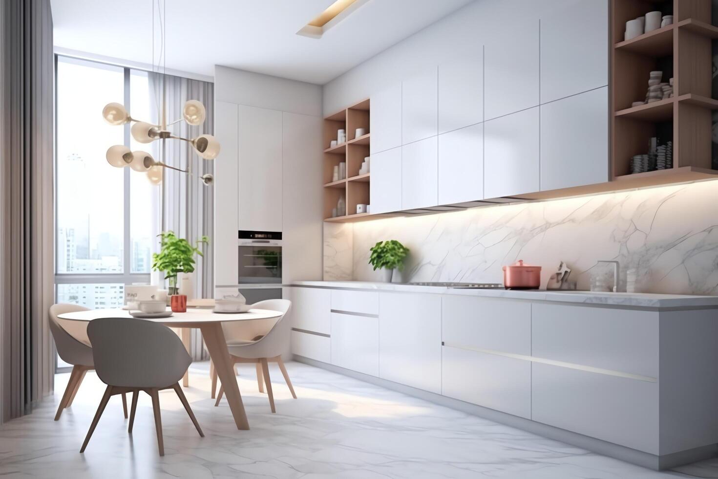 moderno cozinha interior Projeto dentro apartamento ou casa com mobiliário. luxo cozinha casa escandinavo conceito de ai gerado foto