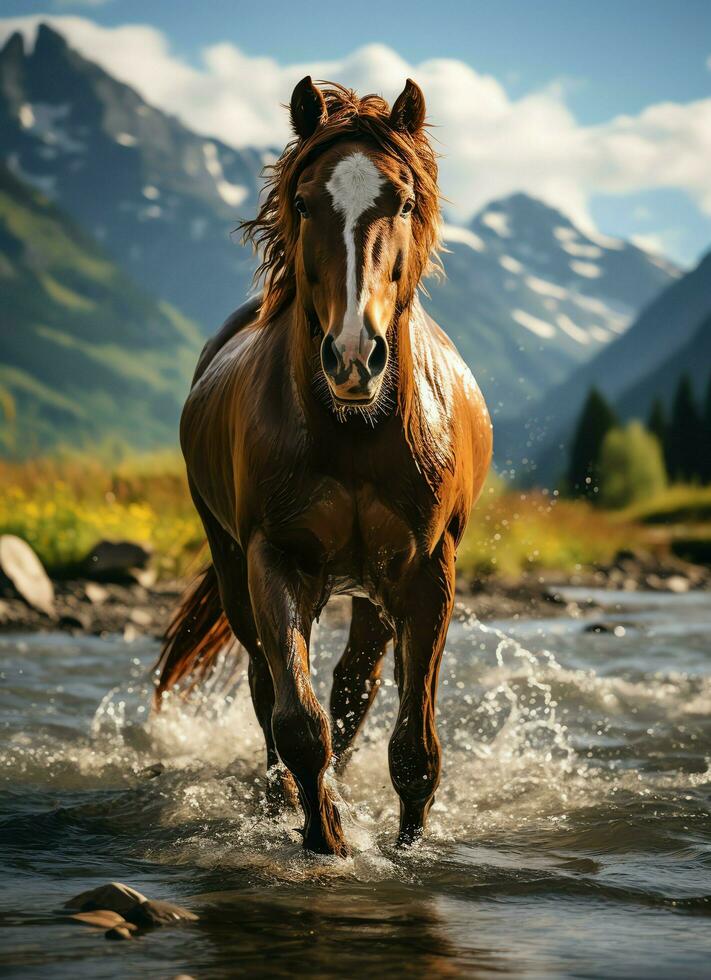 uma selvagem cavalo corrida dentro a Riacho. selvagem ou Fazenda animais conceito de ai gerado foto