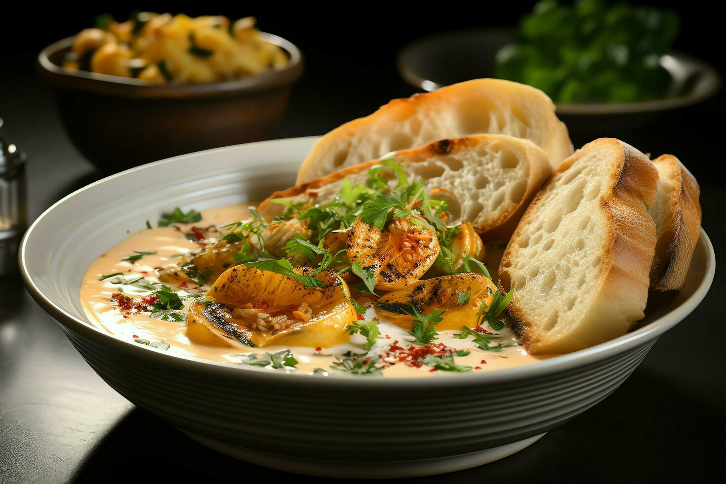 uma delicioso bouillabaisse sopa Comida dentro uma tigela. Marselha Comida e saudável proteína sopa refeição conceito de ai gerado foto