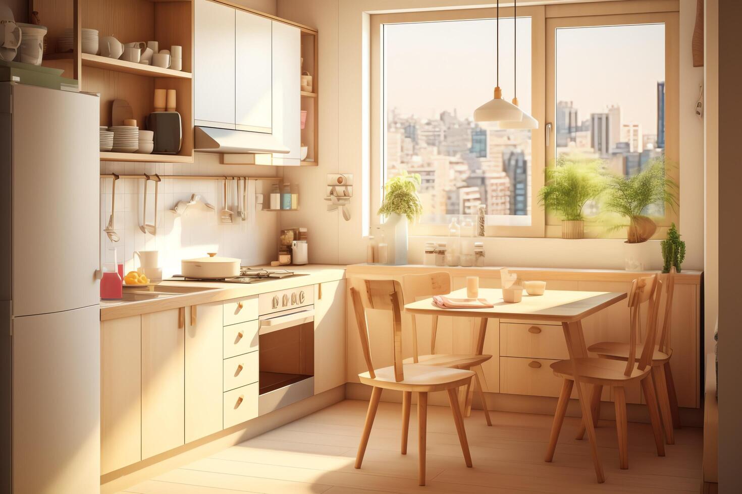 moderno cozinha interior Projeto dentro apartamento ou casa com mobiliário. luxo cozinha casa escandinavo conceito de ai gerado foto