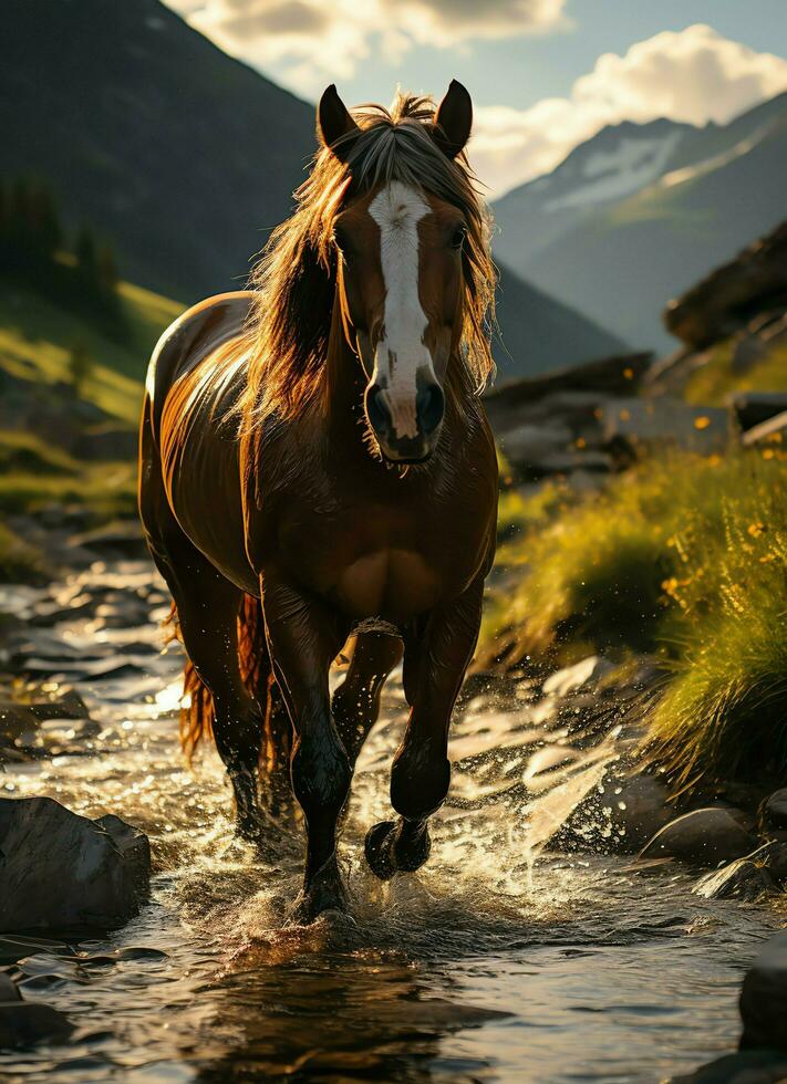 uma selvagem cavalo corrida dentro a Riacho. selvagem ou Fazenda animais conceito de ai gerado foto