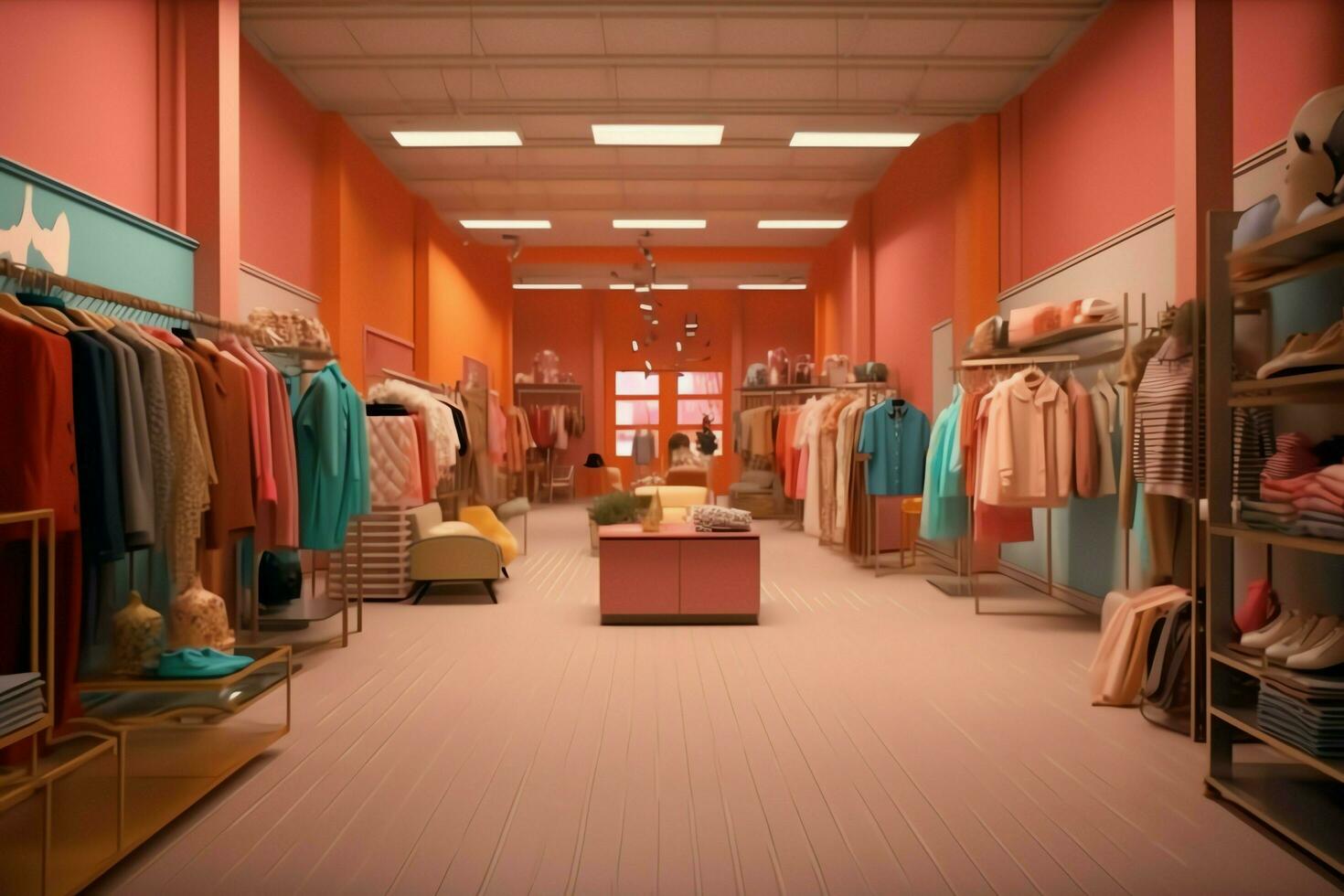 mulheres moda loja dentro a compras Centro ou shopping center. roupas loja com manequim. compras dia conceito de ai gerado foto