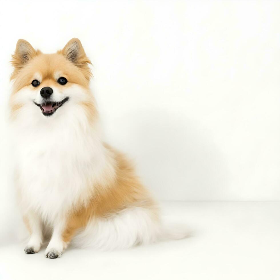 spitz sentado dentro frente do uma branco muro. ai gerações foto