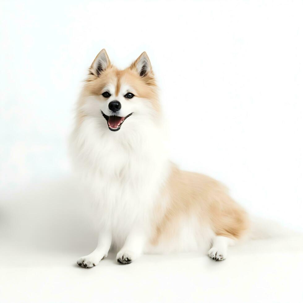 spitz sentado dentro frente do uma branco muro. ai gerações foto