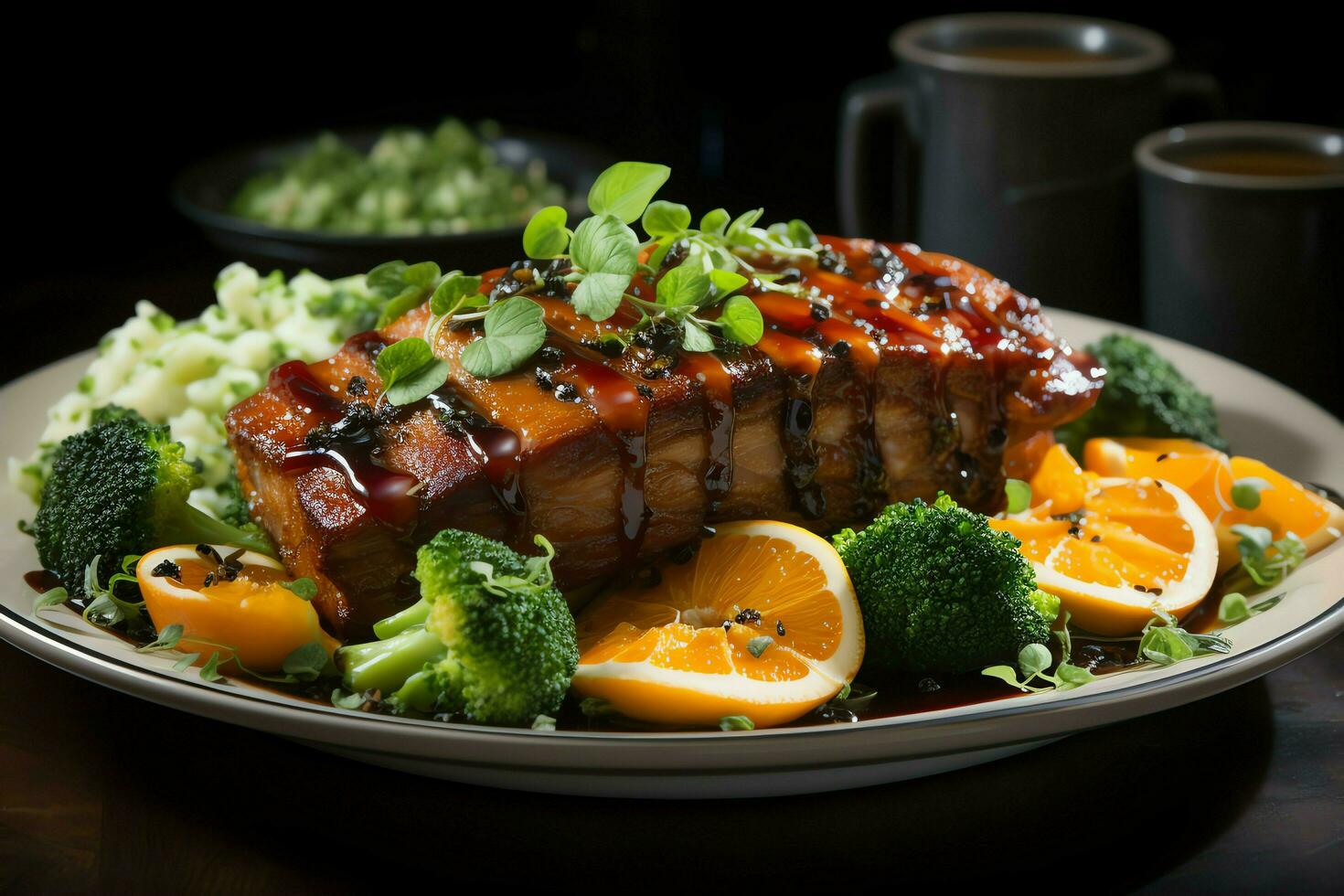 uma delicioso crocantes carne de porco barriga chique em placa. restaurante Comida e ásia cozinha conceito de ai gerado foto