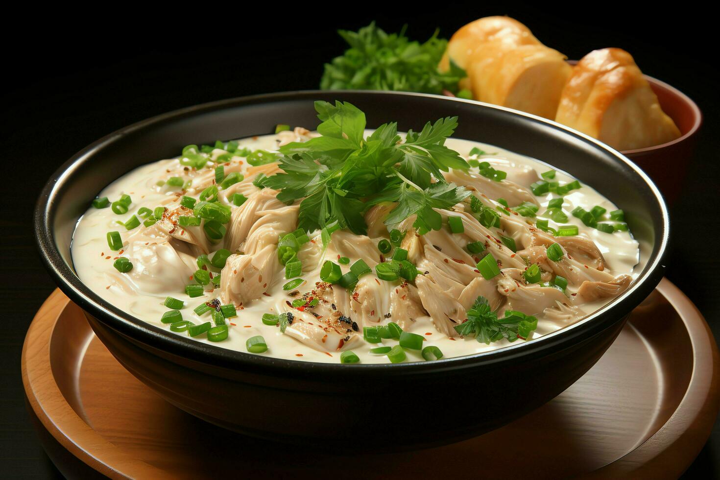 uma delicioso frango sopa Comida com legumes dentro uma tigela. inverno Comida e Alto proteína sopa refeição conceito de ai gerado foto