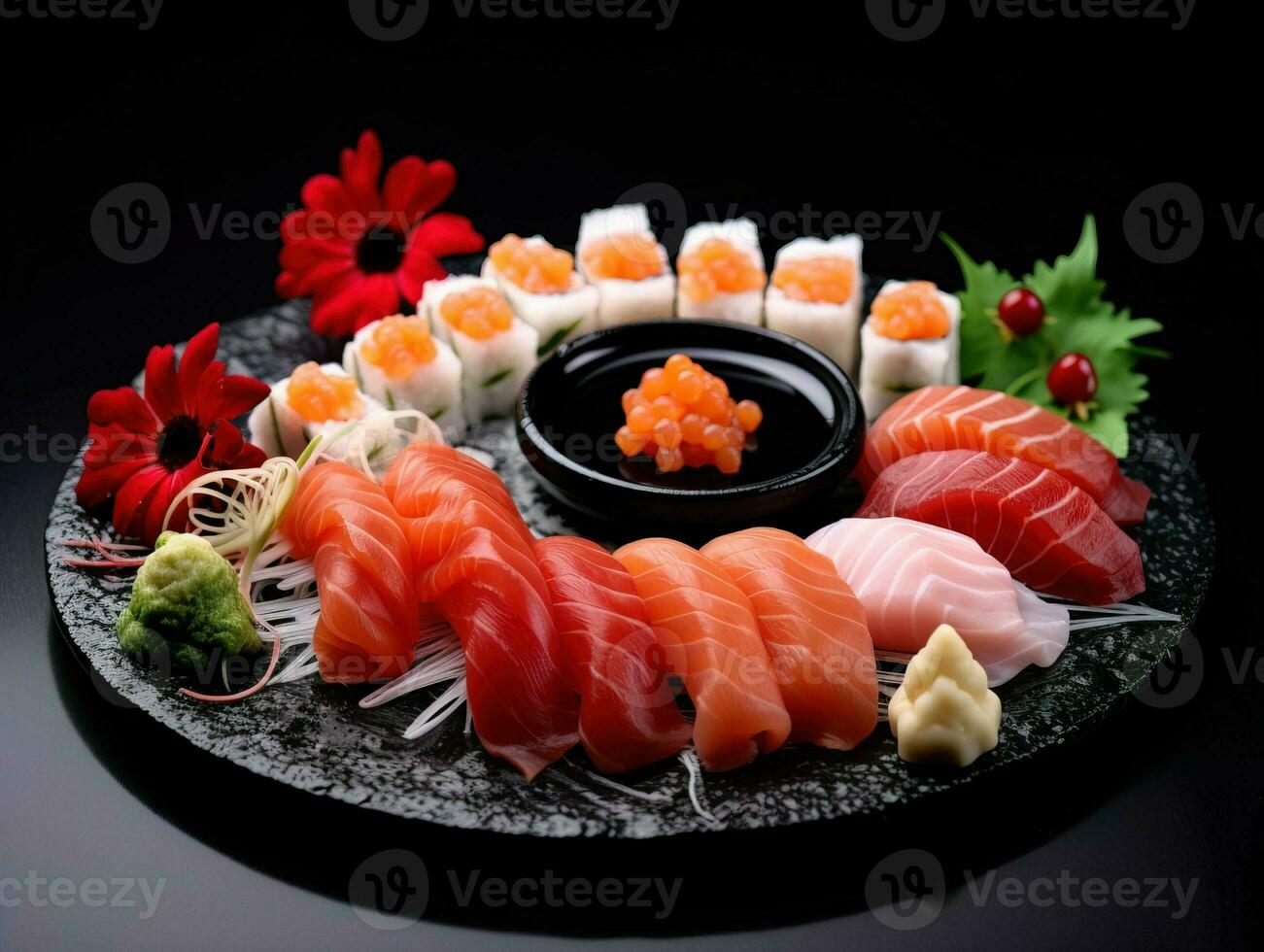 fresco Sushi rolos com uma variedade refeição em prato em uma Preto de madeira borda gerado de ai foto