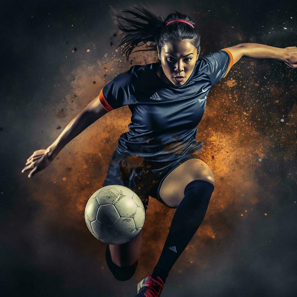 retrato do jovem fêmea futebol jogador com futebol bola em pé dentro a grande estádio. foto