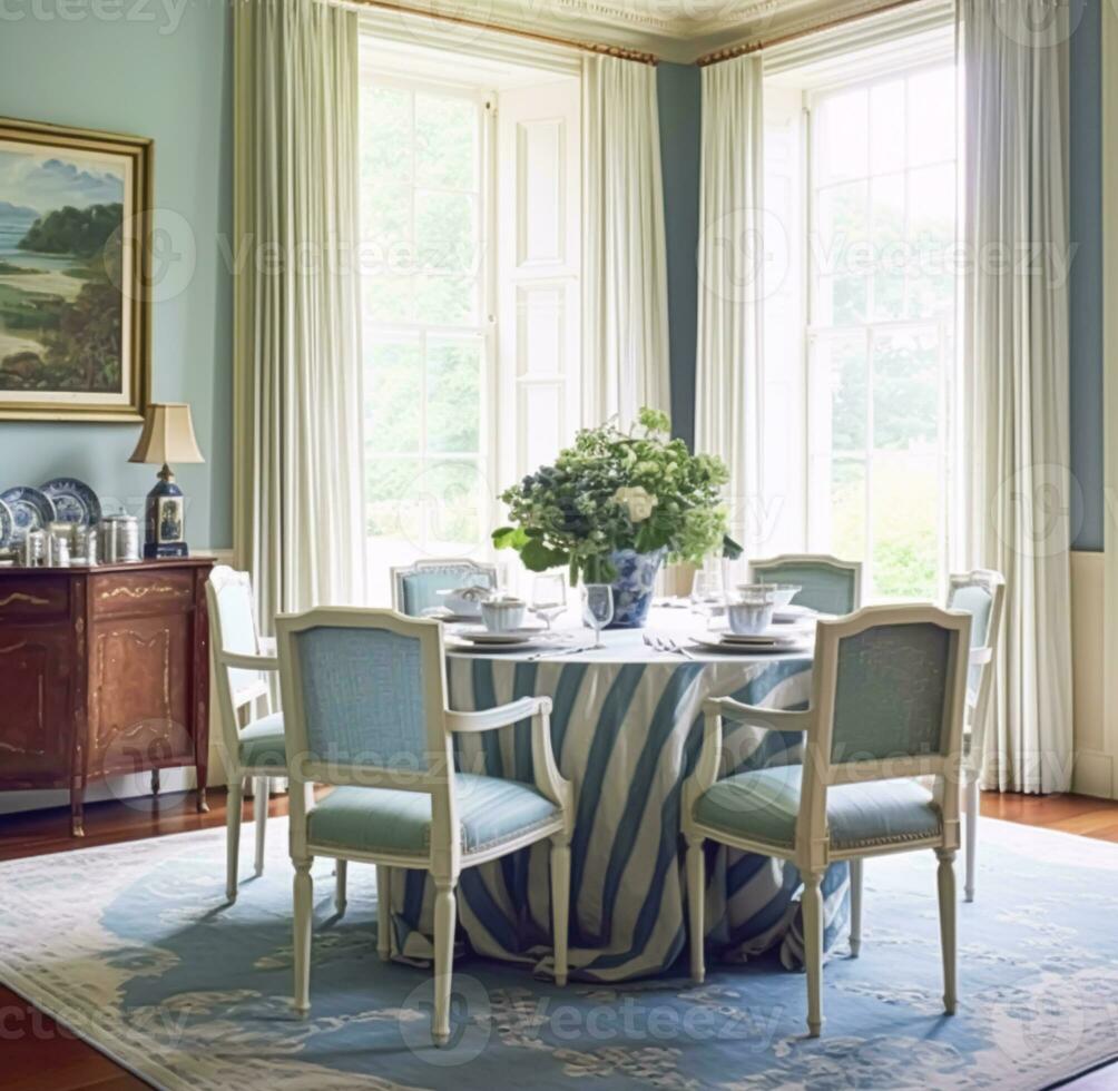 jantar quarto decoração, interior Projeto e casa melhoria, elegante mesa com cadeiras, mobília e clássico azul casa decoração, país chalé estilo foto