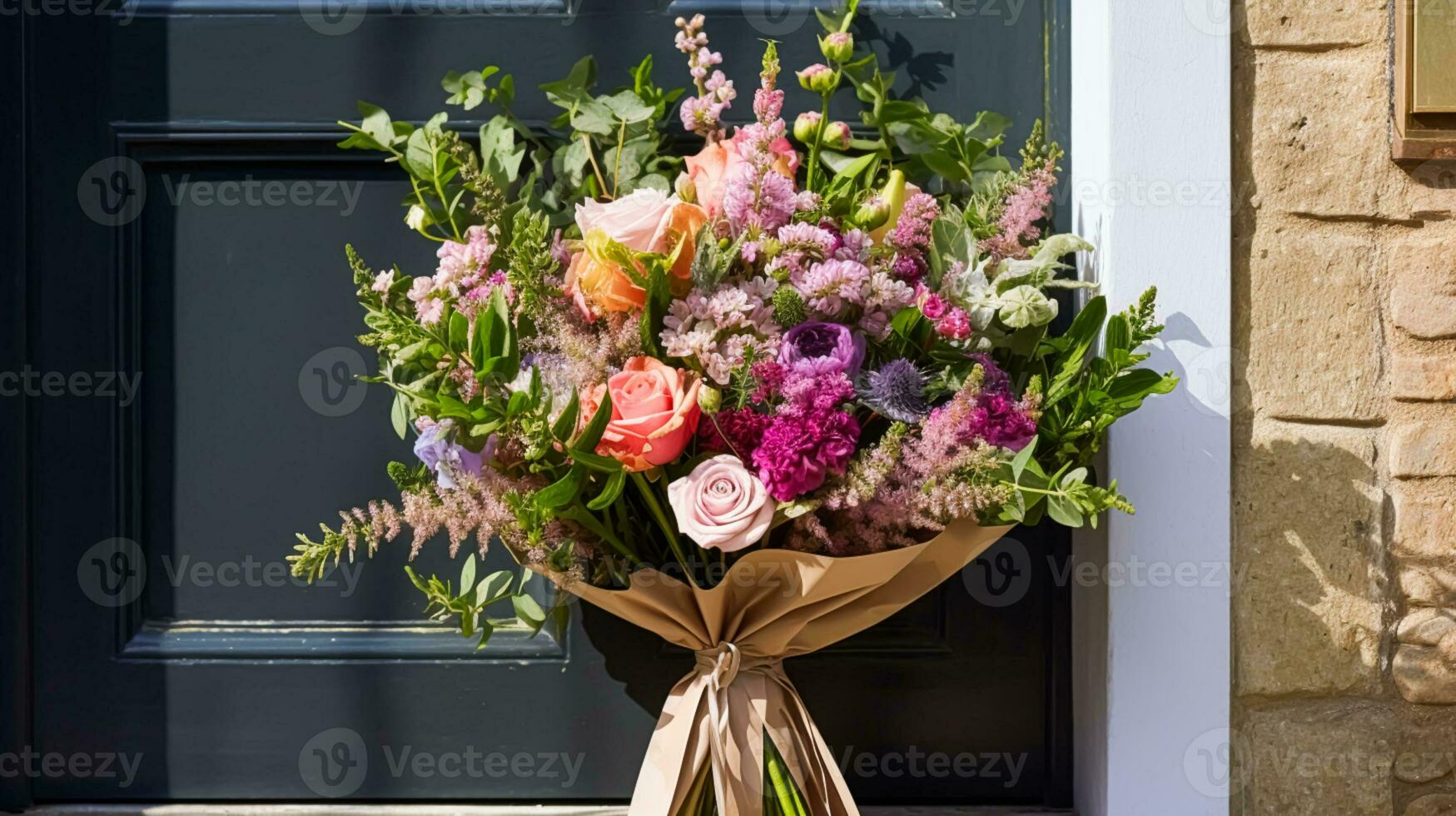 flor fazer compras Entrega e feriado presente postal serviço, lindo ramalhete do flores em uma casa porta dentro a interior, generativo ai foto