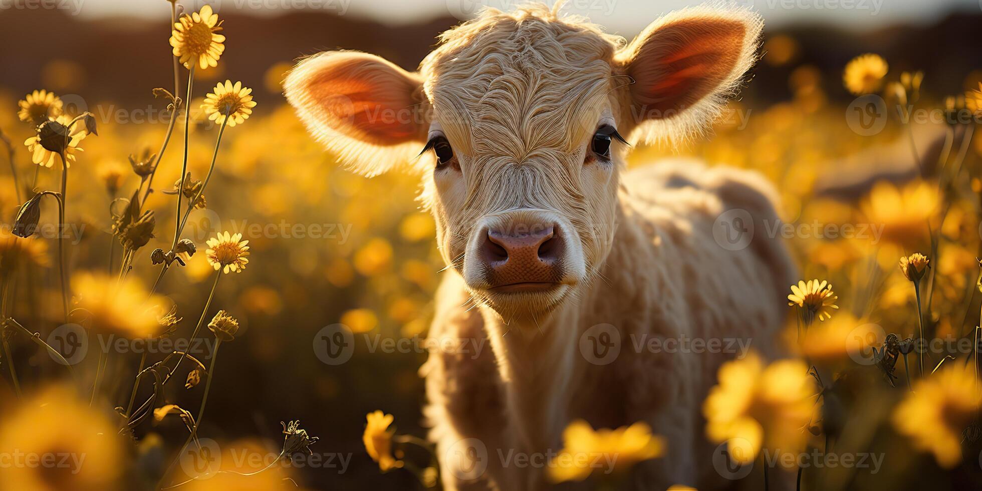 ai gerado. ai generativo. lindo jovem tilintar bezerro em girassol campo às pôr do sol. natureza panorama Fazenda vaca animal vibe. gráfico arte foto