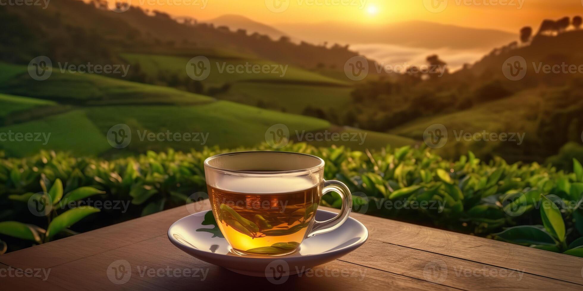 ai gerado. ai generativo. copo do verde chá com campo verde plantação montanha fundo cena. gráfico arte foto