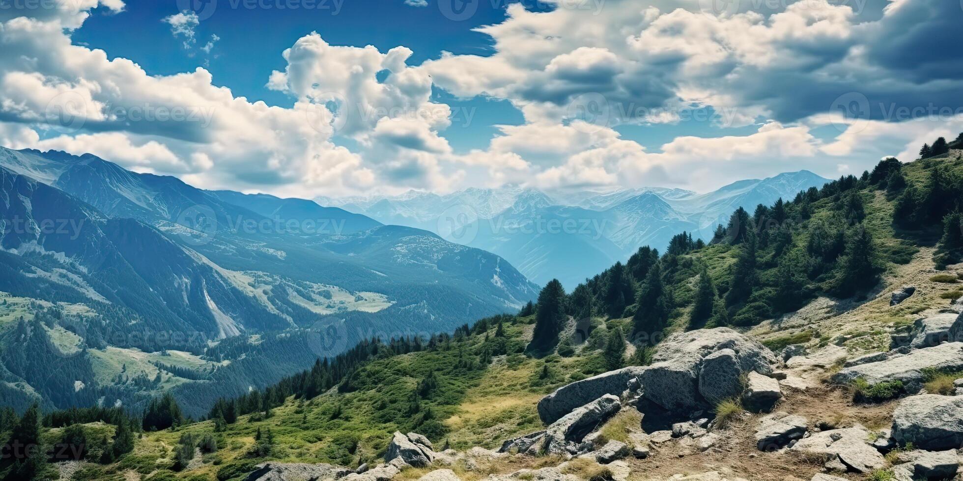 ai gerado. ai generativo. aventura ao ar livre selvagem período de férias viagem panorama lindo fundo. montanhas vale. gráfico arte foto