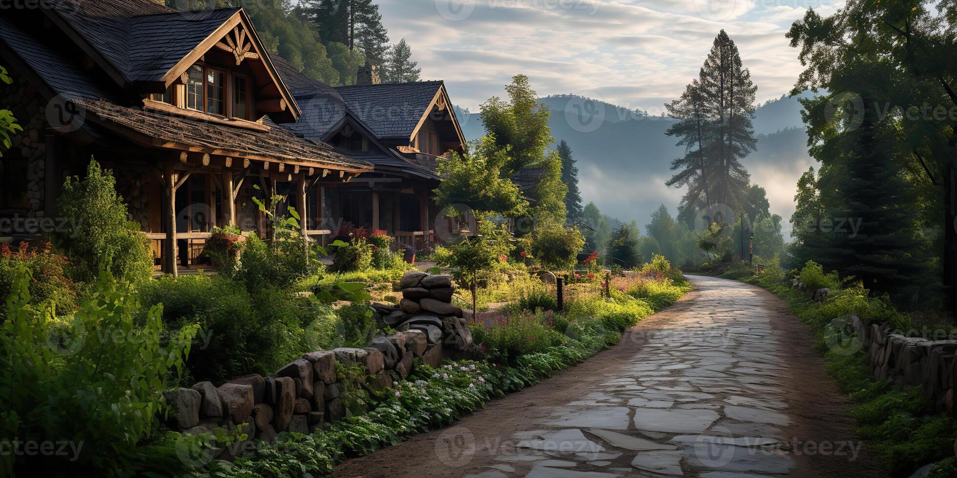 ai gerado. ai generativo. aventura ao ar livre natureza período de férias selvagem cascalho estrada para a madeira casa hotel. campo Fazenda vibe. gráfico arte foto