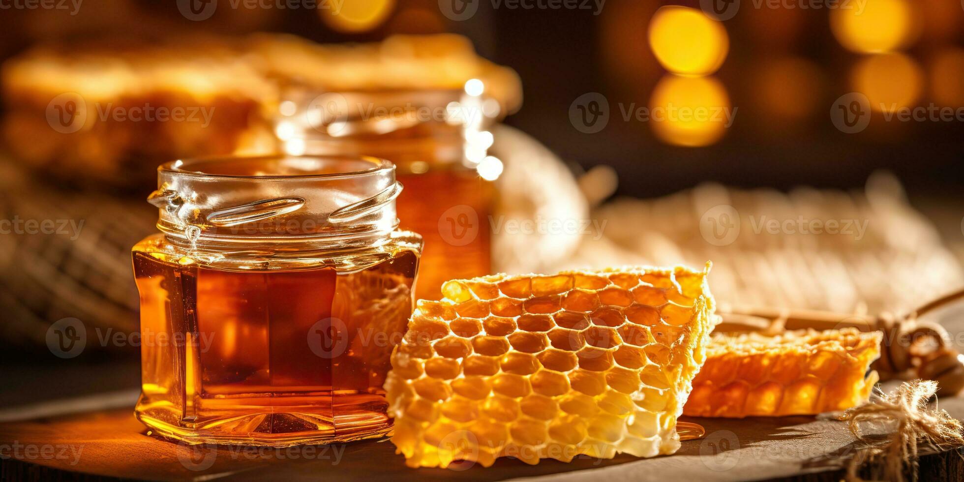 ai gerado. ai generativo. querida favo de mel deserto com de madeira bastão e vidro. saudável açúcar deserto. gráfico arte foto