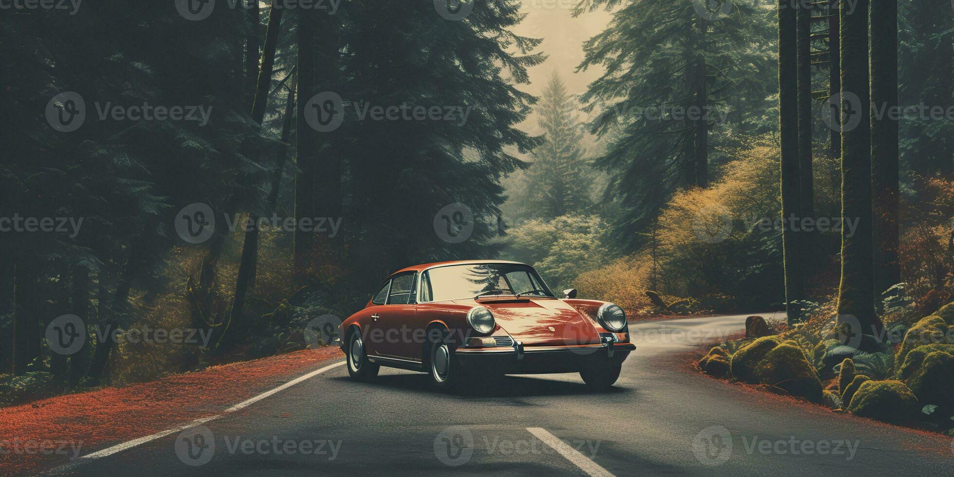 ai gerado. ai generativo. velho retro vintage clássico Rapidez esporte músculo carro em outono estrada floresta. estrada aventura viagem auto transporte explorar vibe. gráfico arte foto