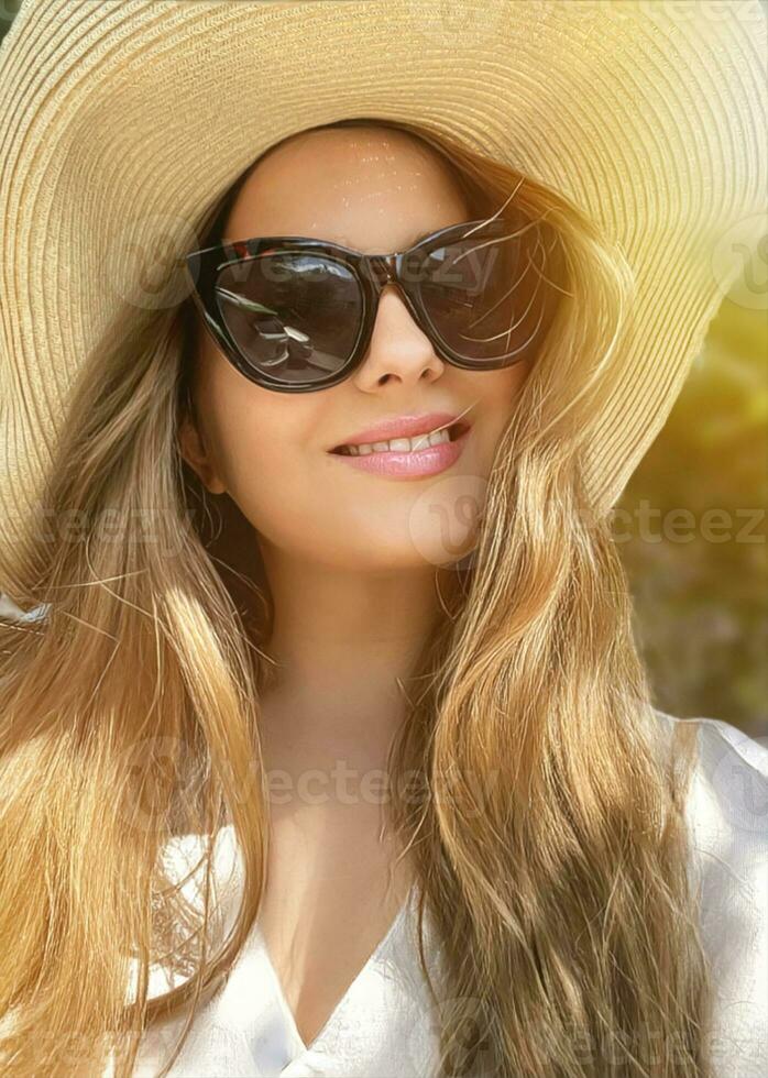 beleza, verão feriado e moda, face retrato do feliz mulher vestindo chapéu e oculos de sol, para cuidados com a pele cosméticos, protetor solar spf estilo de vida Veja foto