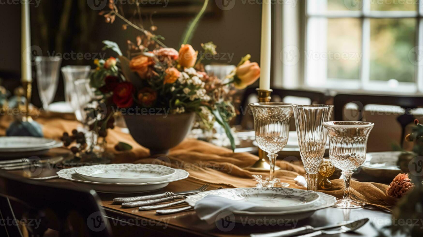 outono feriado paisagem de mesa, formal jantar mesa contexto, mesa escapar com elegante outonal floral decoração para Casamento festa e evento decoração foto