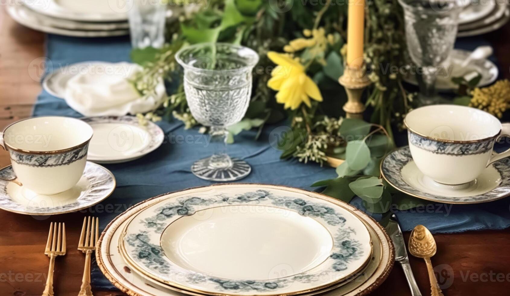 formal feriado paisagem de mesa com azul decoração, jantar mesa contexto, mesa escapar com elegante talheres e louça para Casamento festa e evento, generativo ai foto