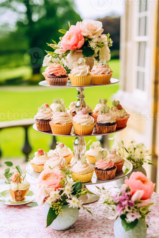 bolos de copo, bolos, scones e bolos e feriado decoração ao ar livre às a Inglês país estilo jardim, doce sobremesas para casamento, aniversário ou festa celebração, generativo ai foto