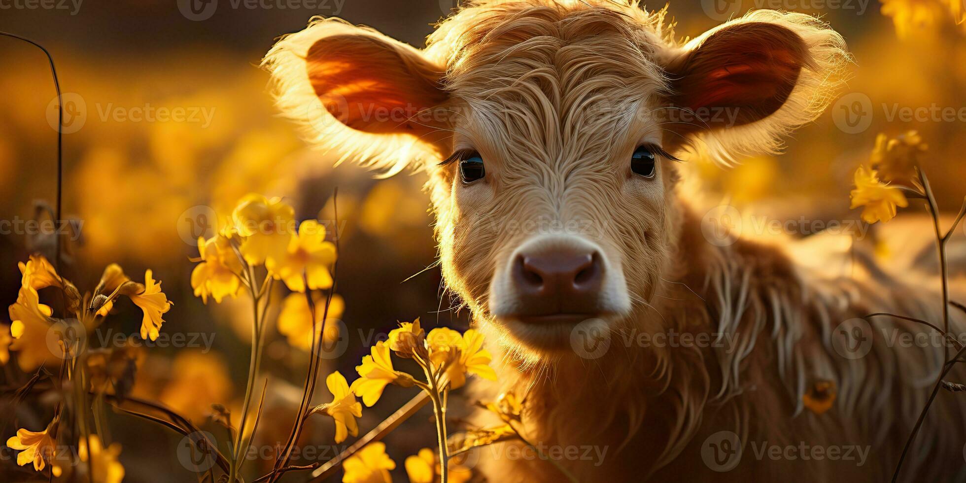 ai gerado. ai generativo. lindo jovem tilintar bezerro em girassol campo às pôr do sol. natureza panorama Fazenda vaca animal vibe. gráfico arte foto
