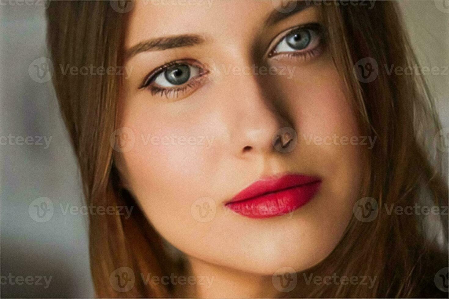 beleza, Maquiagem e cuidados com a pele cosméticos modelo face retrato, lindo mulher com vermelho batom inventar, bronzeado bronze brilhando pele foto