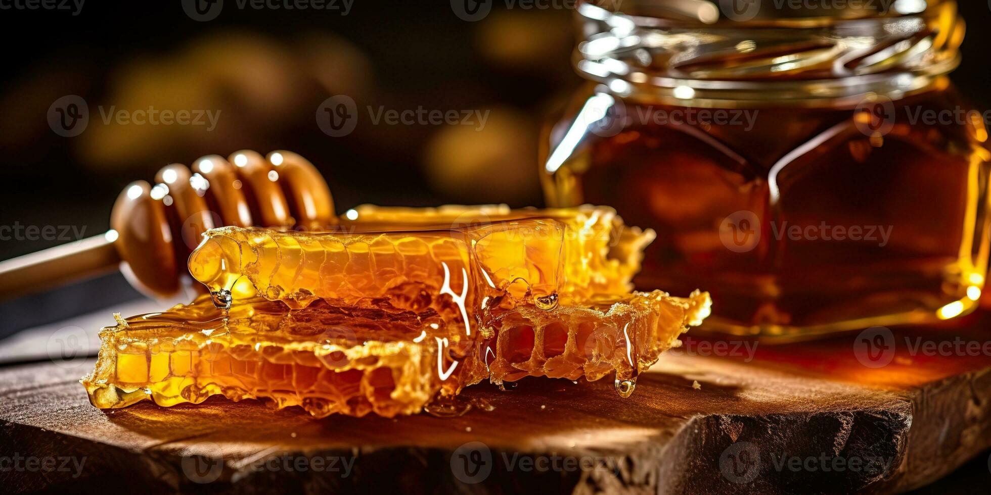 ai gerado. ai generativo. querida favo de mel deserto com de madeira bastão e vidro. saudável açúcar deserto. gráfico arte foto