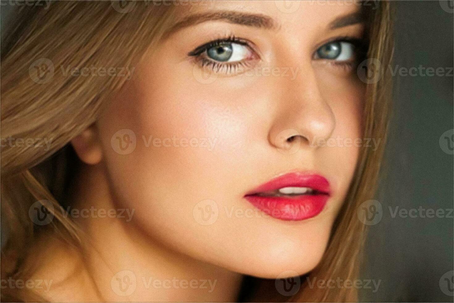 beleza, Maquiagem e cuidados com a pele cosméticos modelo face retrato, lindo mulher com vermelho batom inventar, bronzeado bronze brilhando pele foto