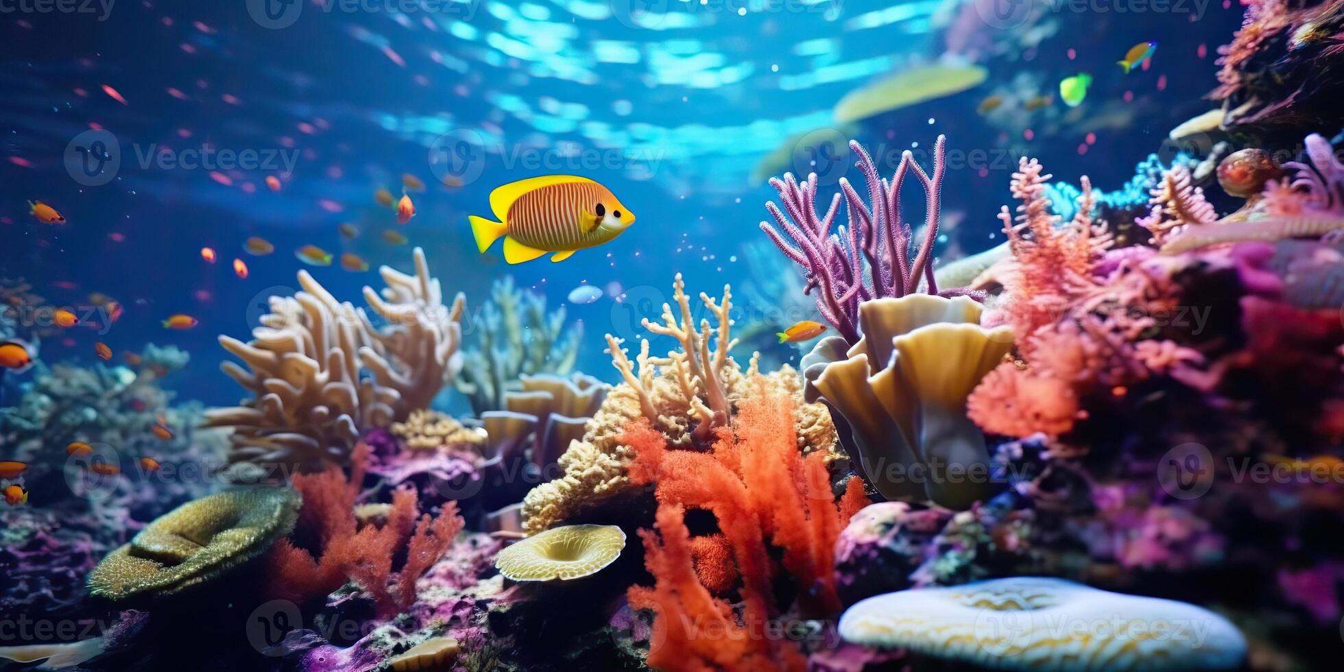 ai gerado. ai generativo. embaixo da agua mergulho jantar cena fundo. concha, estrela do Mar, coral, peixe superfície. aventura período de férias explorar vibe. gráfico arte foto