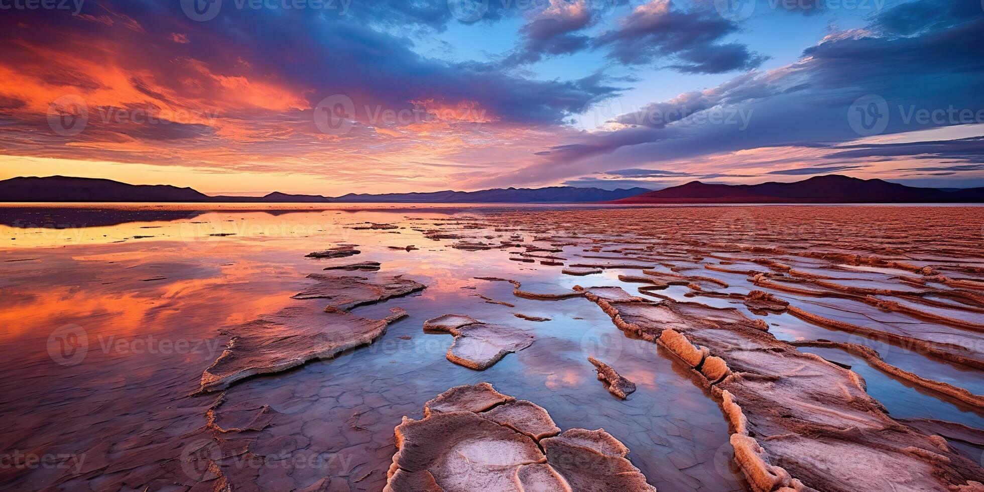 ai gerado. ai generativo. Bolívia sal lago. Rosa nuvens refletir em água lago superfície. aventura viagem período de férias ao ar livre natureza vibe. gráfico arte foto