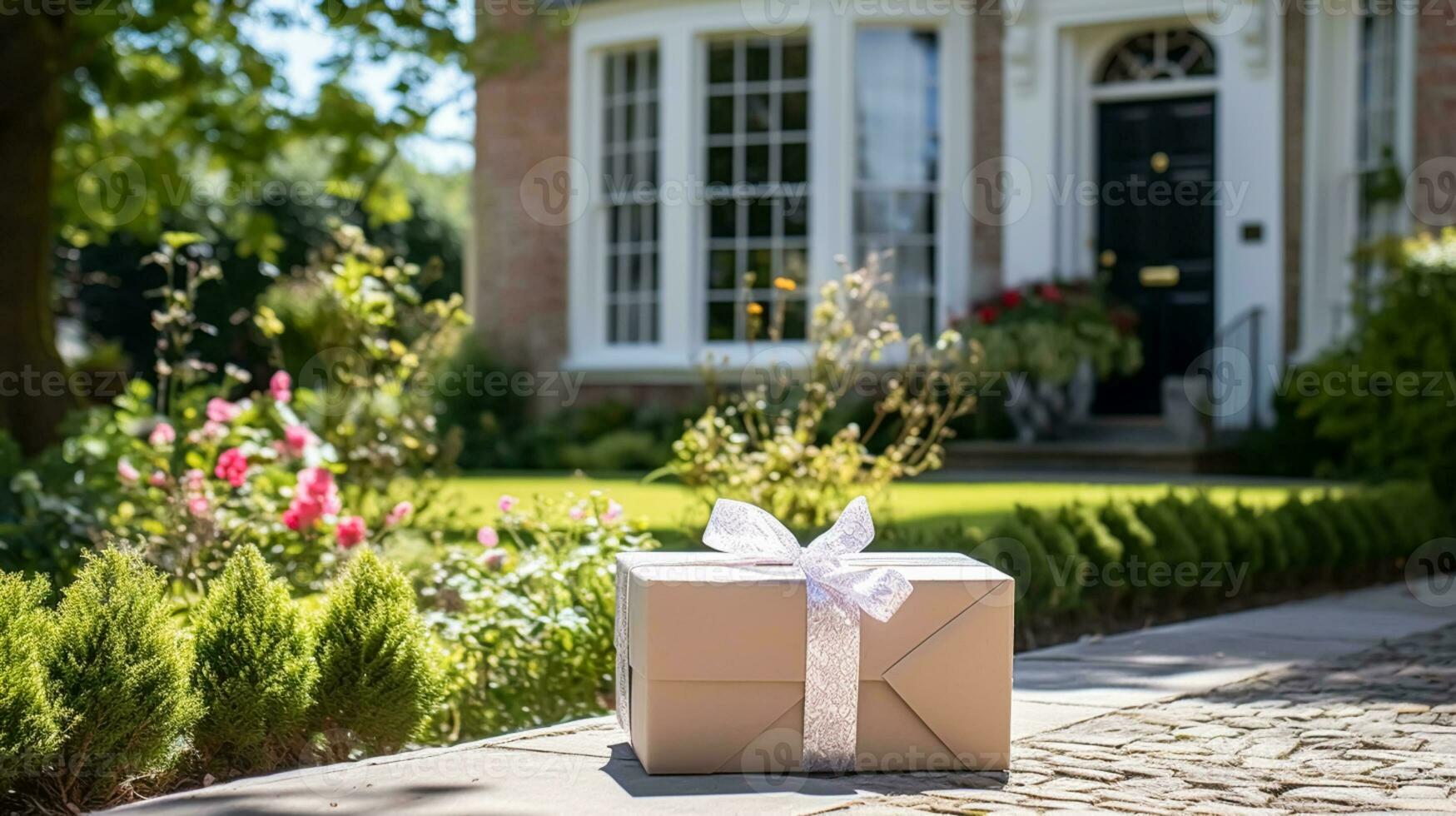 elegante presente fazer compras entrega, postal serviço e luxo conectados compras, parcela caixa com uma arco em uma casa porta dentro a interior, generativo ai foto