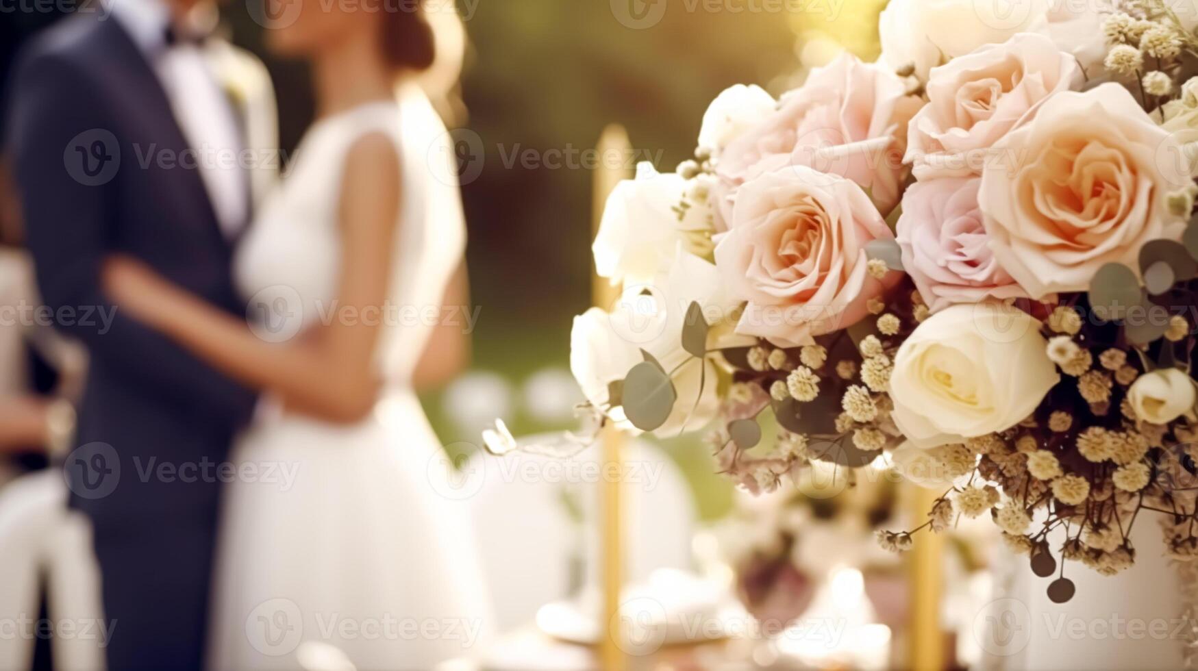 Casamento cerimônia e celebração, noiva e noivo às uma lindo ao ar livre local em uma ensolarado dia, luxo Casamento decoração com flores e nupcial ramalhete, generativo ai foto