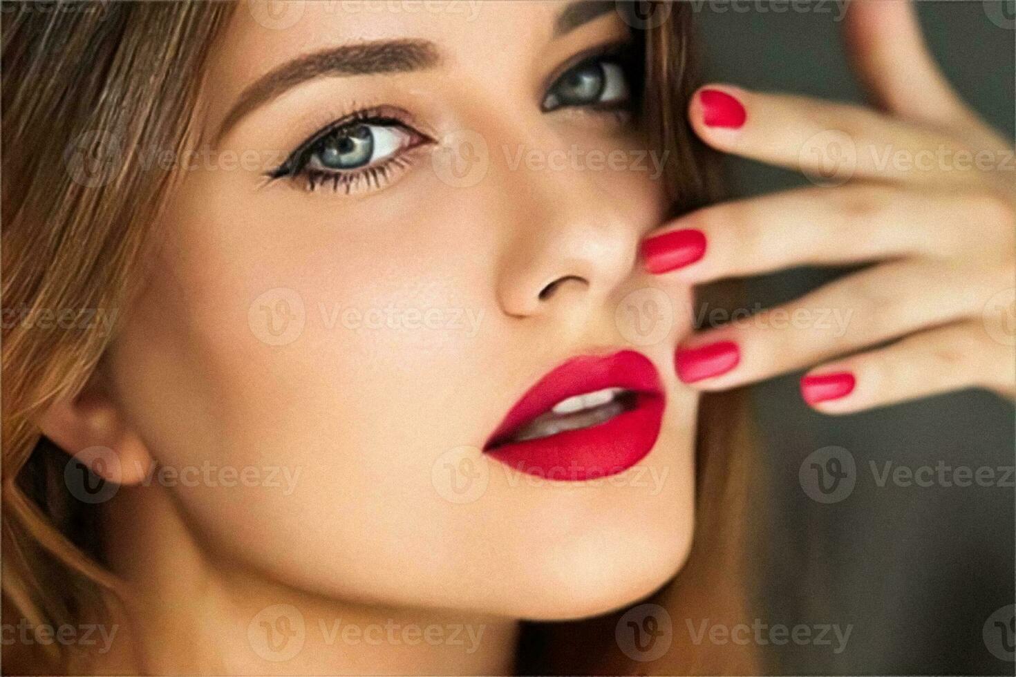 beleza, Maquiagem e cuidados com a pele cosméticos modelo face retrato, lindo mulher com vermelho batom Maquiagem e manicure, bronzeado bronze brilhando pele foto
