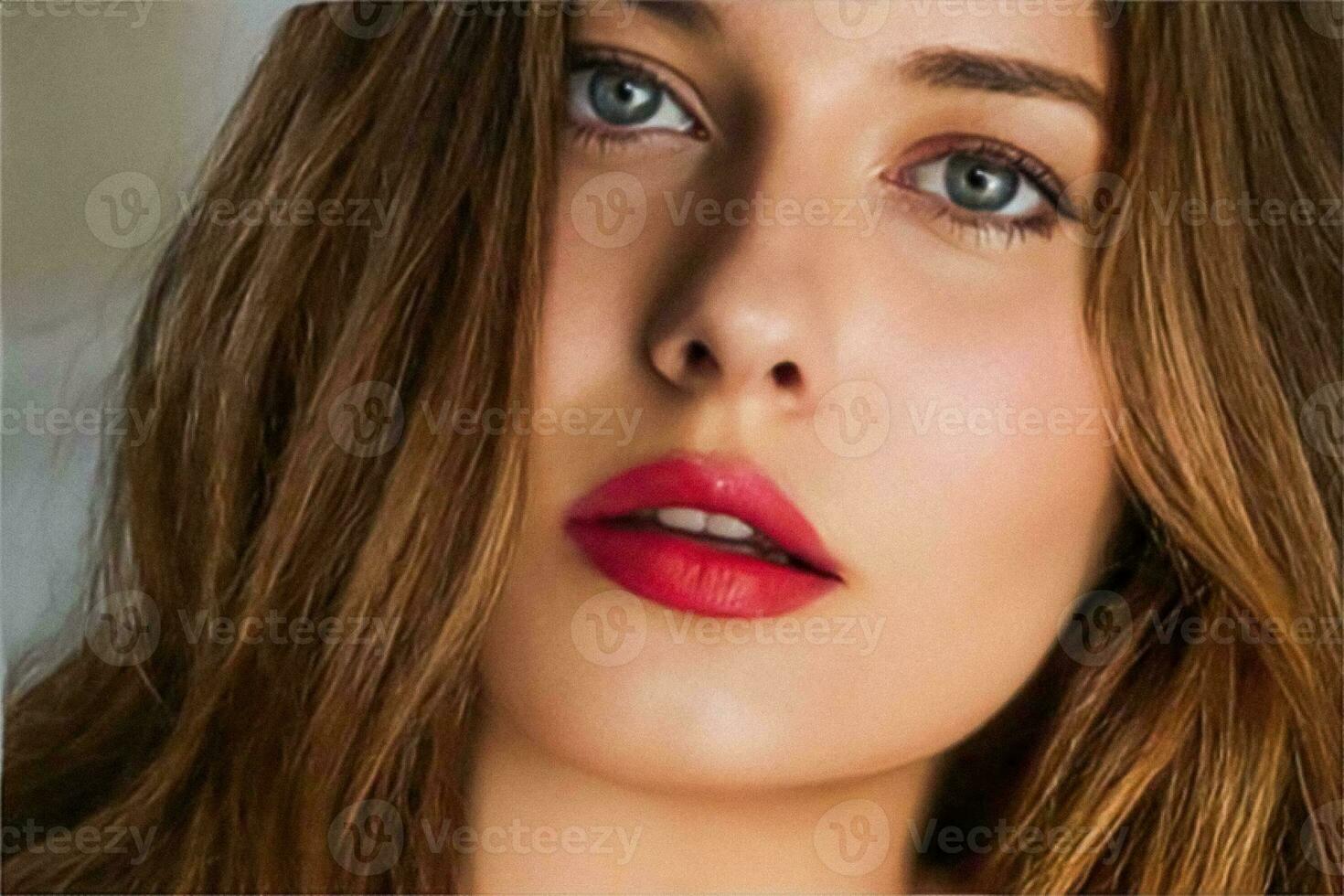 beleza, Maquiagem e cuidados com a pele cosméticos modelo face retrato, lindo mulher com vermelho batom inventar, bronzeado bronze brilhando pele foto