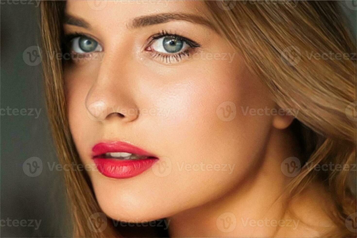 beleza, Maquiagem e cuidados com a pele cosméticos modelo face retrato, lindo mulher com vermelho batom inventar, bronzeado bronze brilhando pele foto