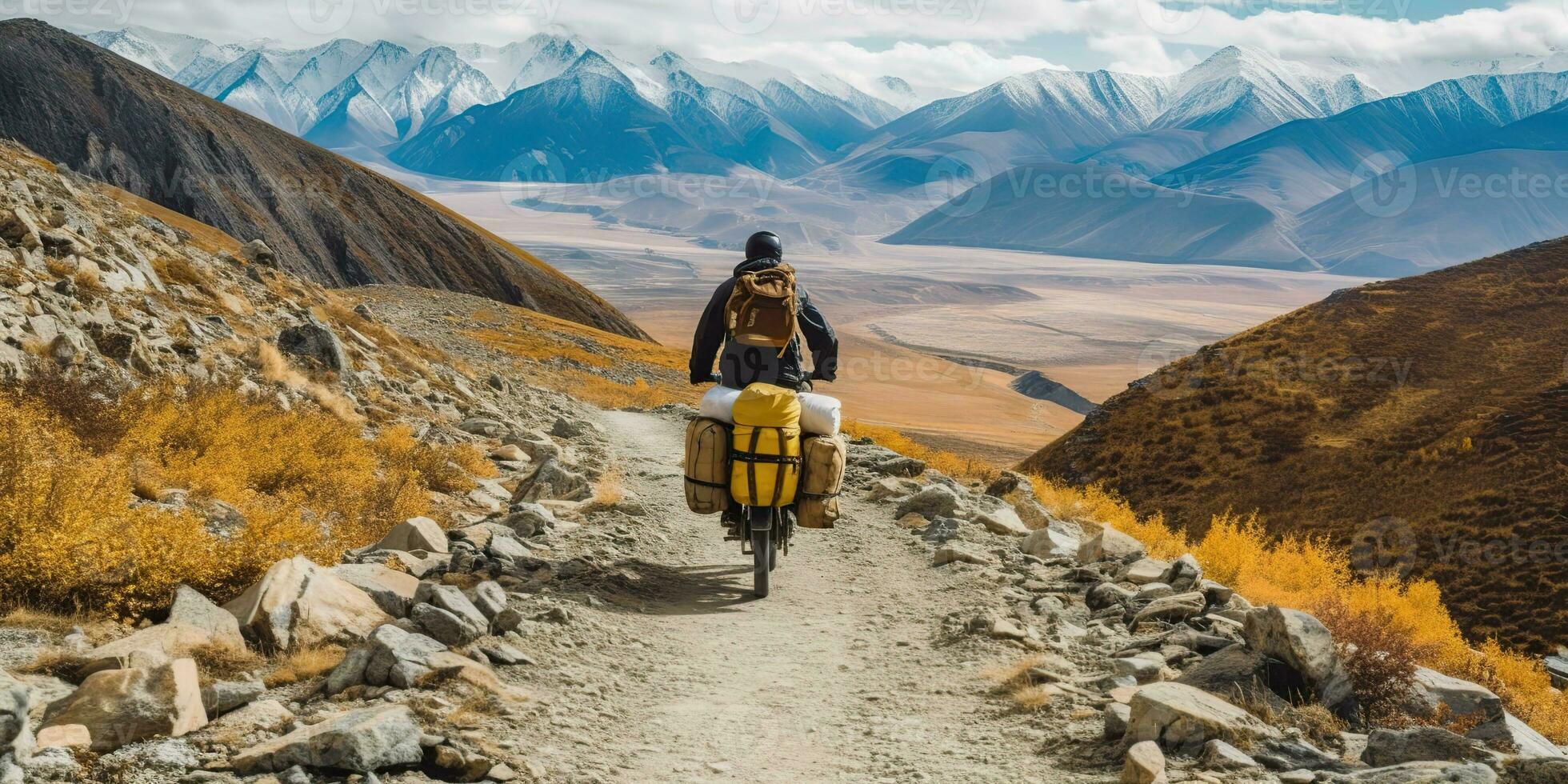 ai gerado. ai generativo. montanha bicicleta ciclismo ativo em forma esporte aventura viagem com bagagem. gráfico arte foto