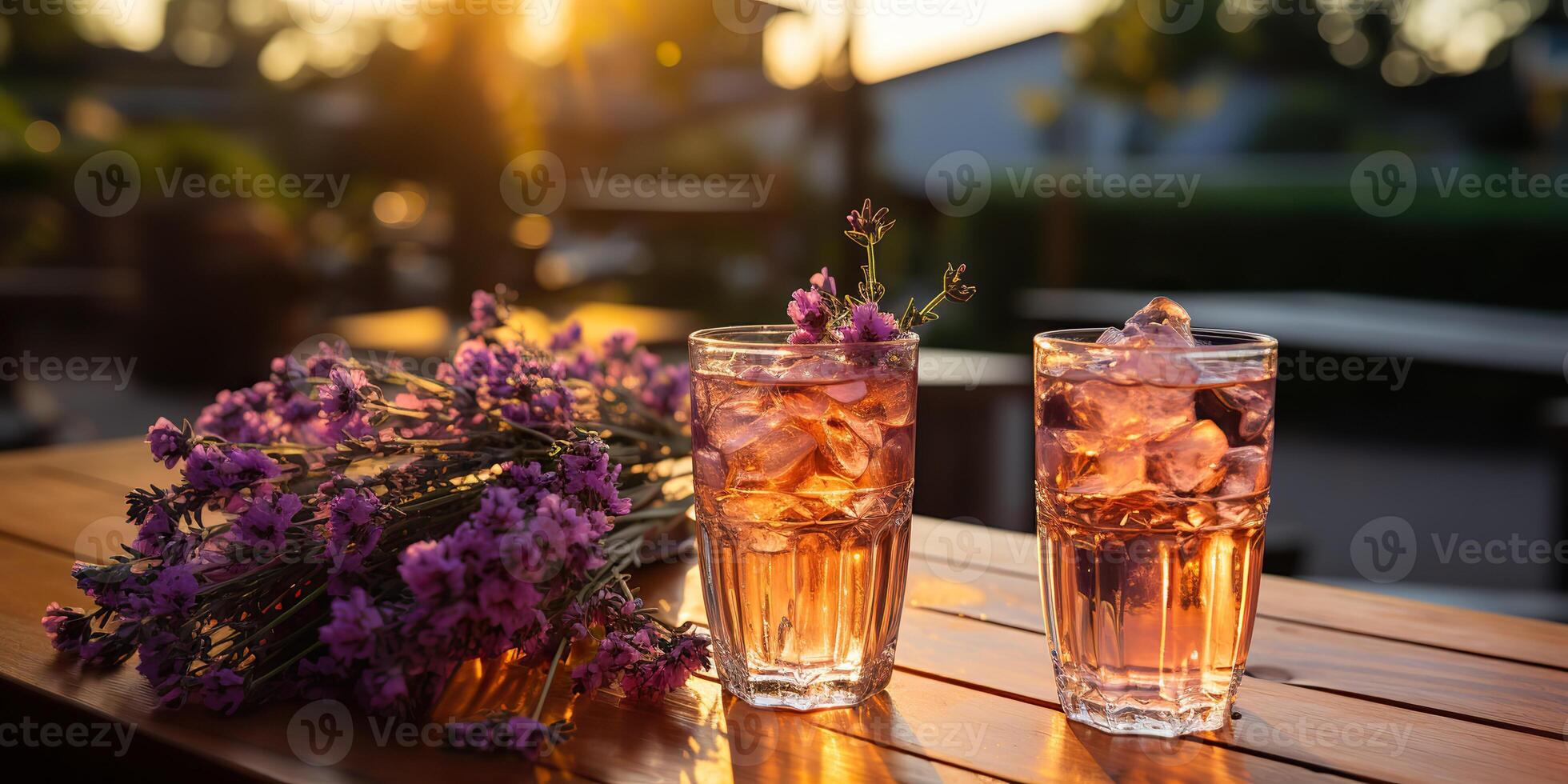 ai gerado. ai generativo. lavanda coquetéis com plantar flor. refrescar bebida beber dentro vidro em pôr do sol tarde em madeira mesa. festa família vibe. gráfico arte foto