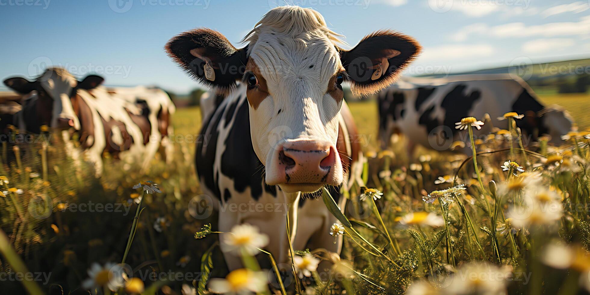 ai gerado. ai generativo. vaca animal face frontal engraçado retrato às verde campo Fazenda. panorama agricultura natureza ao ar livre Vila viver estilo. gráfico arte foto