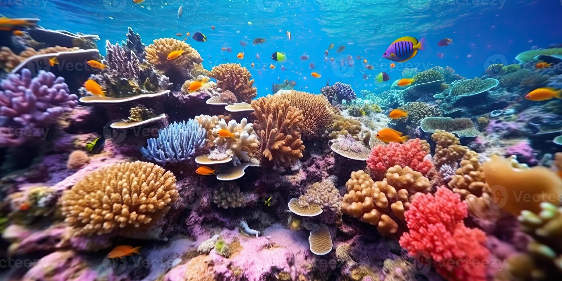 ai gerado. ai generativo. embaixo da agua mergulho jantar cena fundo. concha, estrela do Mar, coral, peixe superfície. aventura período de férias explorar vibe. gráfico arte foto