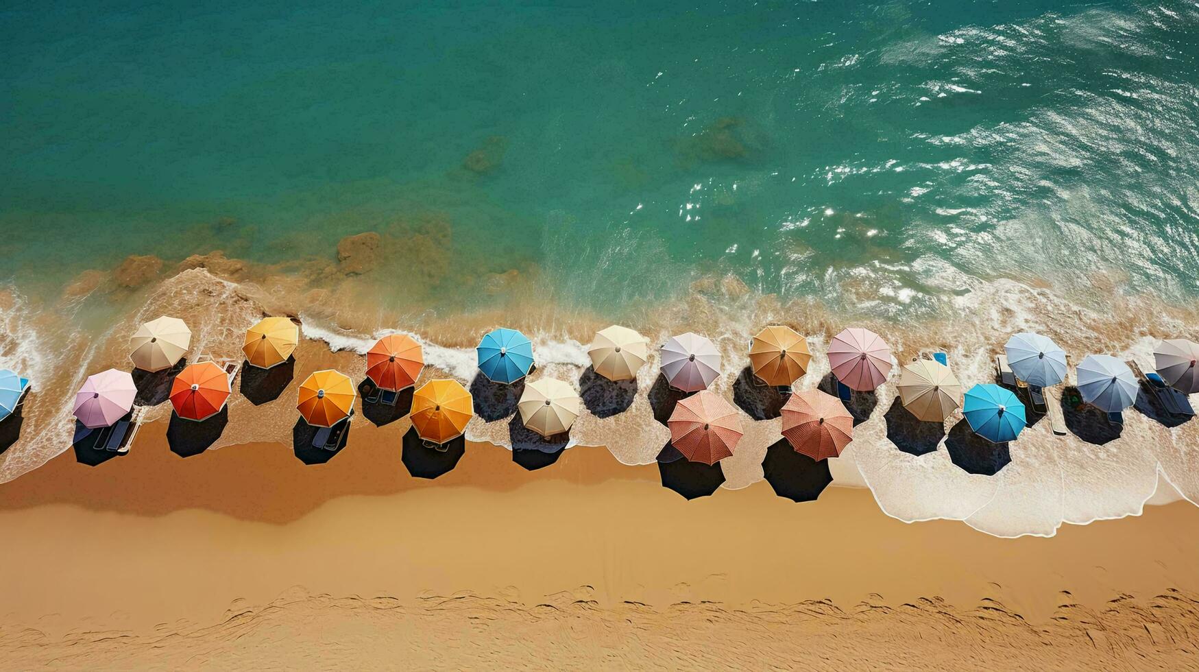 topo Visão do a arenoso de praia e a mar com Sol espreguiçadeiras e Sol guarda-chuvas em período de férias dentro a recorrer. ai gerado foto