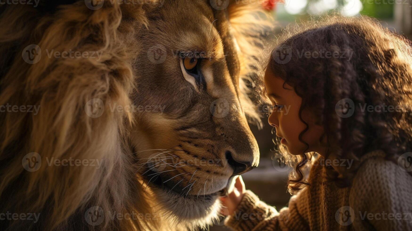 perfil do uma destemido jovem fêmea criança suavemente tocante a face do uma muito ampla leão - generativo ai. foto