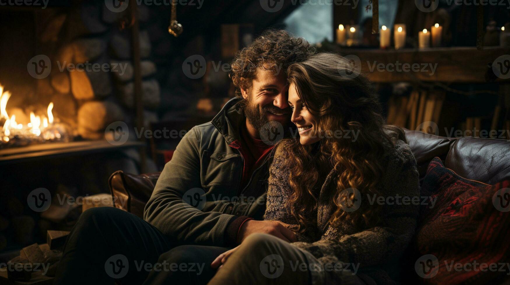 feliz jovem adulto casal desfrutando a feriados juntos dentro frente do uma agradável caloroso lareira - generativo ai. foto