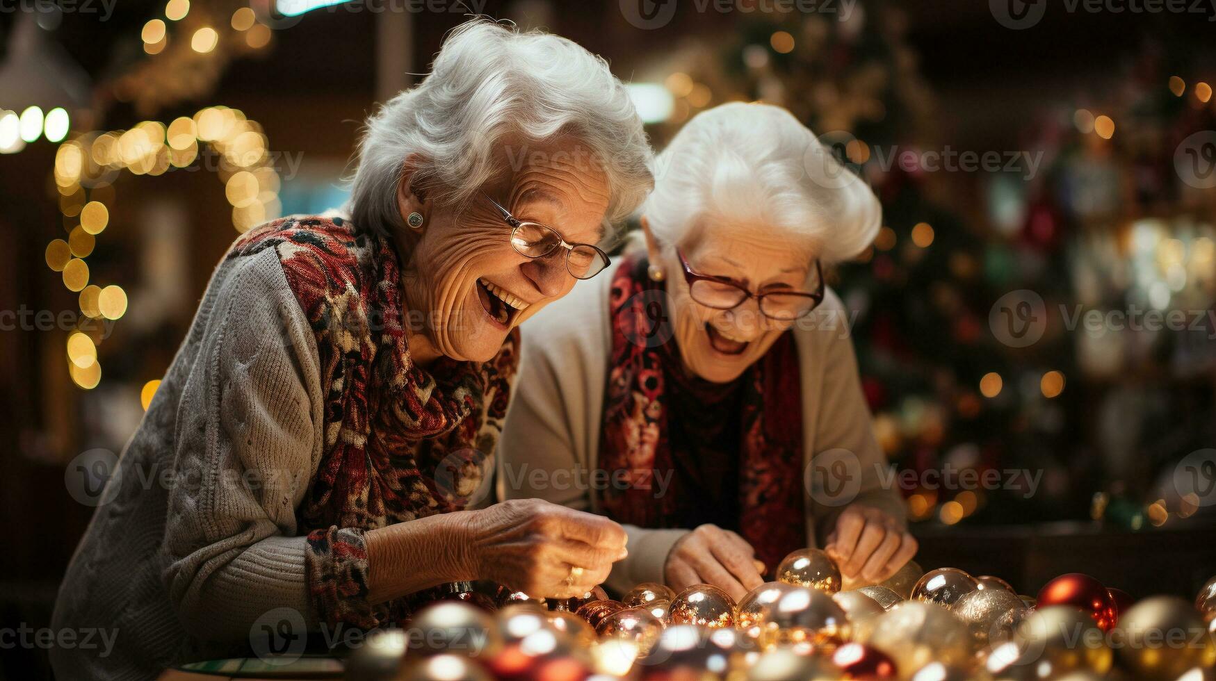 feliz rindo Senior adulto mulheres decoração para a feriados juntos - generativo ai. foto