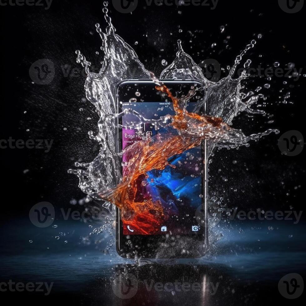 Smartphone dentro água splash. generativo ai foto