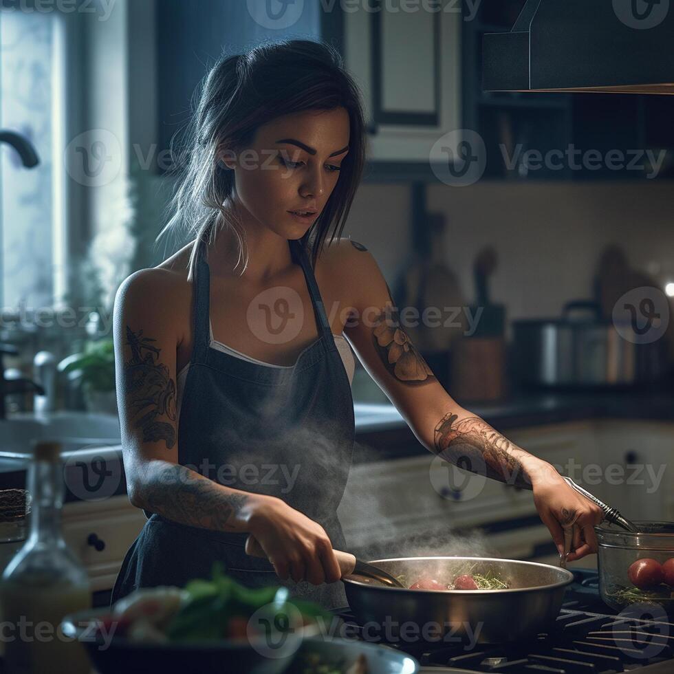 mulher dentro cozinha. generativo ai foto