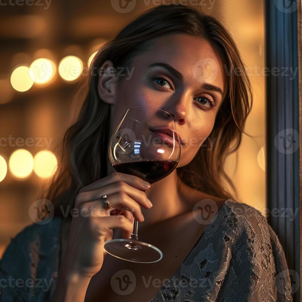 mulher bebendo vinho. generativo ai foto