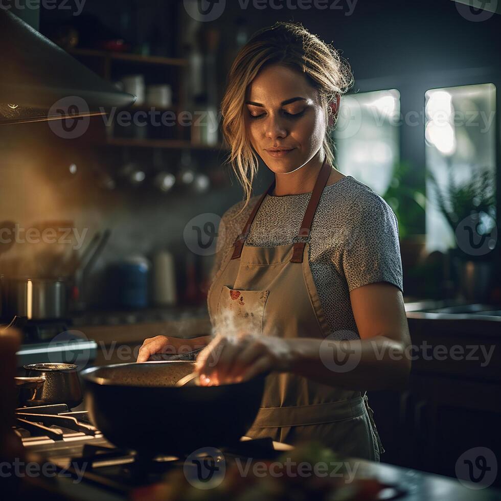 mulher dentro cozinha. generativo ai foto