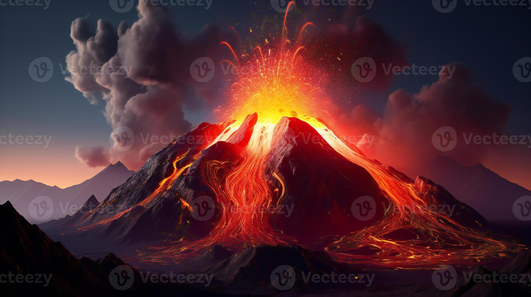 a ilustração do uma vulcão em erupção com lava e fumaça ai generativo foto