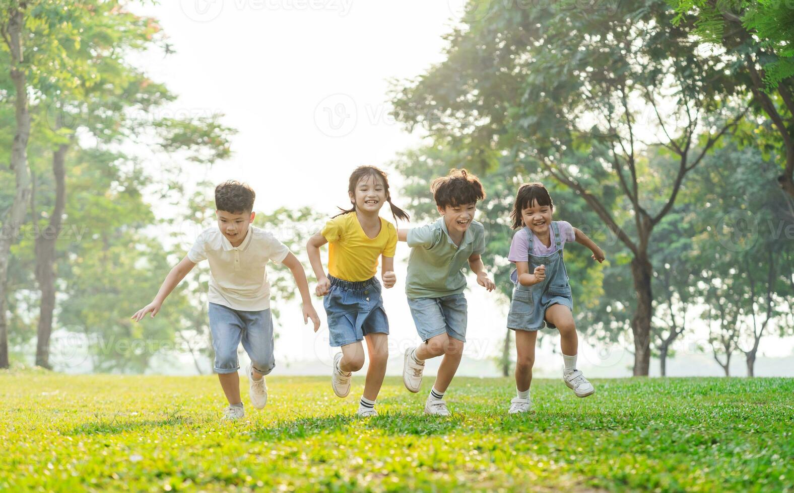 grupo imagem do ásia crianças tendo Diversão dentro a parque foto