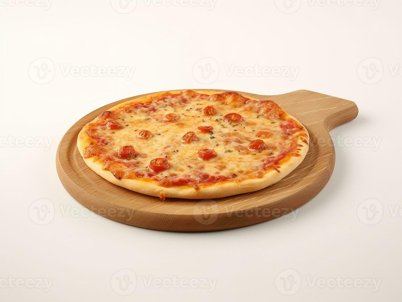 delicioso velozes Comida pizza cheio cobertura dentro uma círculo de madeira descanso de mesa restaurante foto